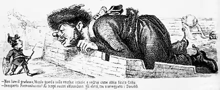 Als harmlos getarnter russischer Riese, das kleine Piemont steht vor seiner Festung. Italienische Karikatur, Francesco&nbsp;Redenti, März 1855(Bildtext C)