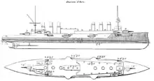 Riss der größeren Jeanne d’ArcEinzelschiff, 1902 in Dienst gestellt