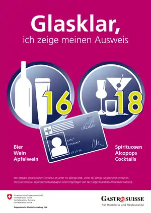 Verkaufs- und Ausschank­bestimmungen in der Schweiz:Der Aushang der gesetzlichen Bestimmungen ist freiwillig, und sollen beim Verkauf und Ausschank Gesetzesverstößen vorbeugen.