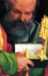 Ausschnitt eines Gemäldes zeigt einen älteren bärtigen Mann, der in ein aufgeschlagenes altes Buch blickt, das er hält. An seiner linken Seite ist ein großer goldener Schlüssel zu sehen.