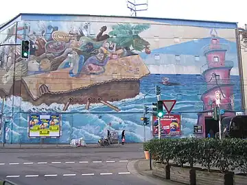 „Die Zeitreisenden“. Hochbunker, Düsseldorf, Aachener Straße, mit Künstlern aus Kuba und der Türkei (1995)