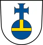Aidlingen – In Silber ein blauer Reichsapfel (Fleckenzeichen) mit goldenem Beschlag und blauem Tatzenkreuz besteckt