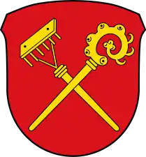 Rechen und Bischofsstab im Wappen von Mitteleschenbach, Bayern
