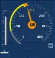 Erhebliche Überschreitung der zulässigen Geschwindigkeit während einer Bremsung. (Bei zulässigen 128&nbsp;km/h beträgt die tatsächliche Geschwindigkeit 135&nbsp;km/h.)