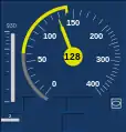 Bremsung innerhalb der Bremskurve (bei zulässigen 143&nbsp;km/h beträgt die tatsächliche Geschwindigkeit 128&nbsp;km/h.)