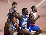 Die Sprinter im vierten Vorlauf zu Beginn der&nbsp;Zielgeraden