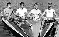 Die dänische Kajak-Staffel gewann 1960 Bronze (v.&nbsp;l.&nbsp;n.&nbsp;r.): Jessen, Høyer, Nyborg, Hansen