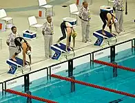 Start des zehnten Vorlaufes über 50 Meter Freistil der Frauen 2008. Auf Block 4 Cate Campbell