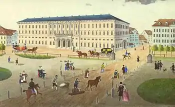 Ostseite um 1840: „Neues Postgebäude“ und das Teubnersche Geschäftshaus (rechts) am Grimmaischen Steinweg