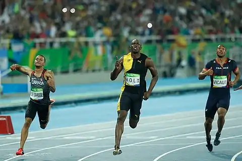 Andre De Grasse (links neben Usain Bolt über 200 Meter 2016) gewann 2016 drei Medaillen