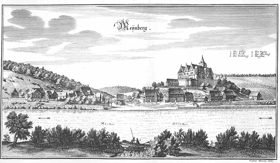 Stich von Matthäus Merian in der Topographia Franconiae (1656).Main mit Schloss und Dorf Mainberg.Dahinter die Schweinfurter Rhön (Hesselbacher Waldland)