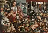 Joachim BeuckelaerKüchenstück mit der Szene Jesus im Haus von Maria und Martha im Hintergrund, 1566, Öl auf Holz, 171 × 250&nbsp;cm, Rijksmuseum, Amsterdam