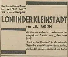 Der Ankündigungstext von Loni in der Kleinstadt verläuft quer von oben links nach unten rechts. In der oberen rechten Seite und in der unteren linken Seite sind dicke waagerechte Linien eingefügt.