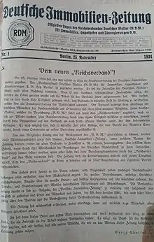 Titelblatt der ersten „Deutschen Immobilien-Zeitung“ des RDM.