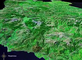Peloponnes n==>s, Kalavryta zwischen Hochtal und Schlucht. WorldWind (20&nbsp;km)