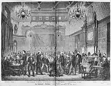 Szene einer Veranstaltung im Hauptsaal, Illustration von Christian Sell dem Älteren in der Zeitschrift Die Gartenlaube, 1869