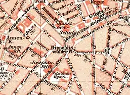 um 1895: mit Kennzeichnung der Straßenbahnstrecken