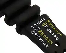 Armband einer Taucheruhr mit aufgedruckter Dekompressionstabelle