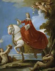 Maria Anna von der Pfalz (1667–1740), spanische Königin, mit Reitkleid auf normalem Sattel