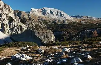 Blick über die Sennesalm zum Seekofel / Sas dla Porta