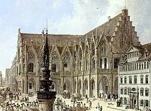 Braunschweig, Altstadtrathaus, 15.&nbsp;Jh., gemalt 1834, obere Laube mit Maßwerkbögen, Anklang an Kirchenfenster
