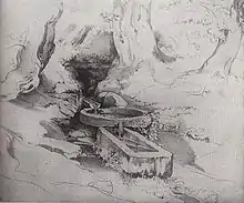 Lithografie des Drei-Tröge-Brunnen um 1830
