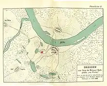 Dresden mit Elbbrücke, wie sich der Verfasser 1893 irrigerweise die Situation um 1206 vorstellte.