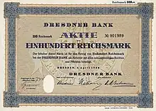 Aktie der Dresdner Bank über 100 Reichsmark, ausgegeben am 3. April 1928 in Dresden, mit Unterschrift des Bankiers Franz Friedrich Andreae als Aufsichtsratsvorsitzender. Für den Vorstand trägt die Aktie die Unterschriften von Henry Nathan und Herbert Max Magnus Gutmann. Es war die letzte Aktienemission der Dresdner Bank vor der Fusion mit der DANAT-Bank.