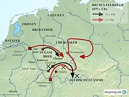 Landkarte der Drususfeldzüge in den Jahren 10 und 9 v. Chr.