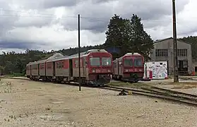 Zwei abgestellte Dieseltriebwagen im Bahnhof Sernada do Vouga