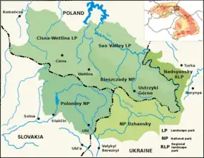 Lage des Parks innerhalb des Biosphärenreservats Ostkarpaten im Dreiländereck Ukraine-Polen-Slowakei