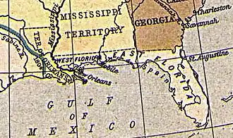Eine zeitgenössische Karte beider Floridas. Westflorida liegt zwischen dem heutigen Bundesstaat Florida und dem Mississippi River.