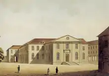 Ehemalige Nordfassade des Kollegiengebäudes, nach dem Anbau eines Mittelrisalits mit Treppenhaus von 1784–1787. Aquarell von Johann Christian Eberlein, um 1800