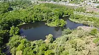 Luftbild des Bürgergartens mit dem Alsenwasser; im Hintergrund der Bahnhof Eilenburg