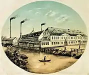 Aus gleicher Perspektive zeigt diese Lithographie das bereits erweiterte Verwaltungsgebäude (um 1850)