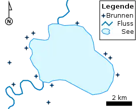 Zur Veranschaulichung eine einfache Landkarte im Vektorformat mit: Punkten (Brunnen), Polylinien (Flüsse) und Polygon (See).