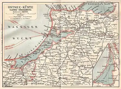 Balga bei Heiligenbeil, auf der Westseite einer in das Frische Haff hineinragenden Landzunge, nordöstlich von Elbing und südwestlich von Königsberg i. Pr., auf einer Landkarte von 1910