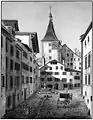Der Neumarkt mit dem Grimmenturm um 1836. Sepiazeichnung von Emil Schulthess.