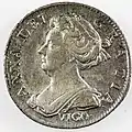 Englischer Sixpence von 1703 mit Bildnis Anne und Inschrift Vigo