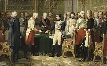 Napoleon empfängt mit Alexander (3. v. re.) den österreichischen Botschafter in Erfurt, programmatisches Historiengemälde von Nicolas Gosse