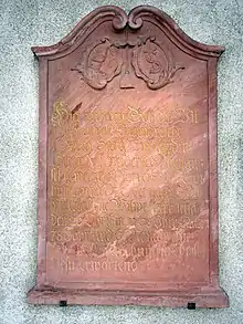 Epitaph für Sara Merian-Burkhardt (1690 – 26. April 1768) Theodors Kirche, Basel. Mutter von Emanuel Merian (16. März 1732 – 13. Mai 1818)  evangelischer Geistlicher. Der Vater war Friedrich Merian-Burkhardt (1686–1760)