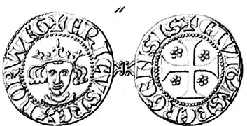 Pfennig-Münze Eriks&nbsp;II. (Albi rosati = hvitroser) mit einem Feingehalt von 219 ‰.