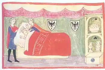 Nach Giovanni Villani wurde Friedrich II. von seinem Sohn Manfred mit einem Kissen erstickt; II Villani illustrato: Firenze e l'Italia medievale nelle 253 immagini del ms. Chigiano L VIII 296 della Biblioteca Vaticana, a cura di Chiara Frugoni, Città del Vaticano 2005, S. 136.