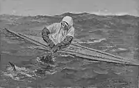 Eskimo beim Fischen – mit Kajakhandschuhen; auch die Kajak-Ärmel (aaqqat, engl. kayak sleeves) sind gut zu erkennen