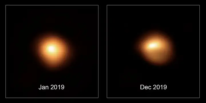 Beteigeuze im Januar und im Dezember 2019, aufgenommen mit dem Very Large Telescope der Europäischen Südsternwarte.