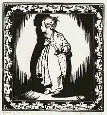 Ein in schwarz und weiß gehaltener Linolschnitt des Modernismus. Ein rechteckiger Rahmen, der aus aneinandergereihten Kerzen in Kerzenständern besteht rahmt ein junges Mädchen ein, das nur von einer Kerze erleuchtet wird. Um sie herum ist Dunkelheit. Ihr Schatten zeichnet sich an der Rückwand deutlich ab, wo sie erschrocken hinschaut. Sie fasst sich vor Schreck an die Brust.