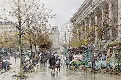 Eugène Galien-Laloue, Paris, marché aux fleurs à la Madeleine (um 1910)