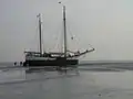 Ein trockengefallenes Plattbodenschiff bei Westerhever