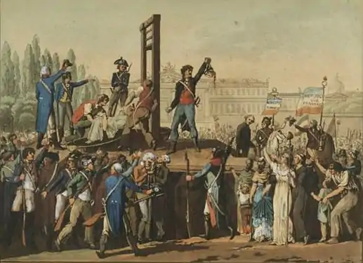 Sanson zeigt den Kopf von Marie-Antoinette der Menge, 1793. (Musée de la Révolution française)