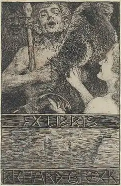 Exlibris für Richard Gloeck von Bruno Héroux: Wikingerpaar mit erbeutetem Bärenfell
